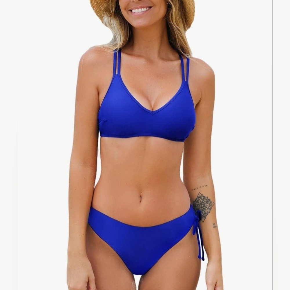 Small Swimsuit Bikini Set Two Piece Bathing Suit Criss Cross Back Blue
